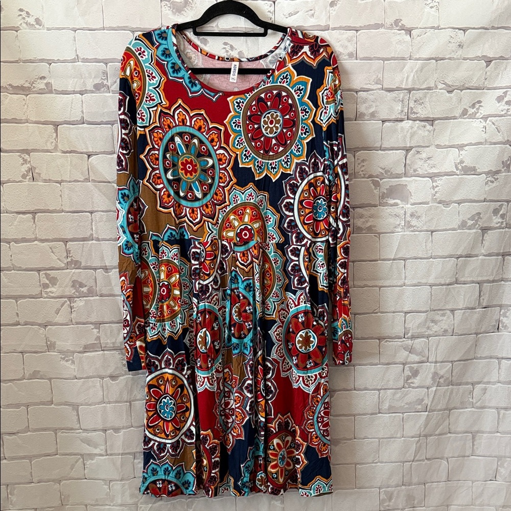 Long Sleeve Boho Medallion Dress in Red Multi